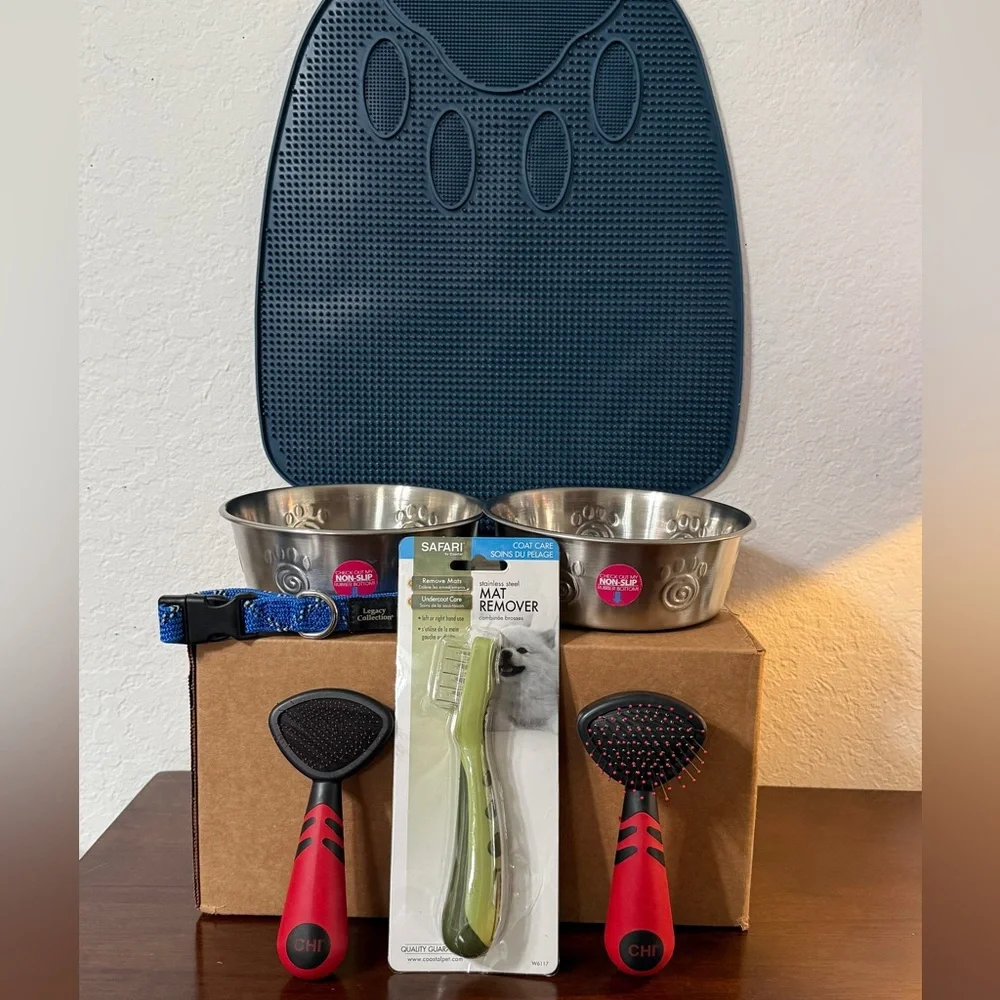 Dog PetCare Bundle Collar*Stainless Steel Dog Bowls*Mat Comb*Chi Brushes*Paw Mat
